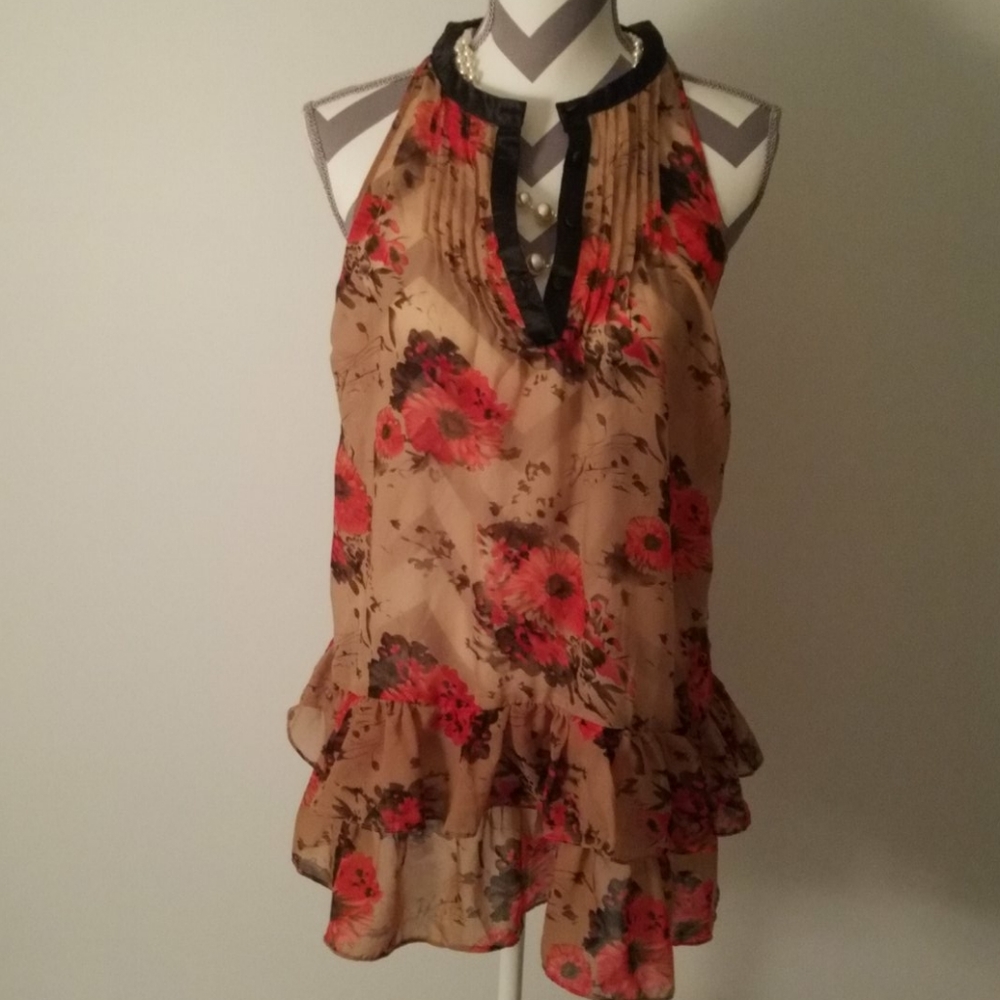 Long silky tan and red flower peekaboo top